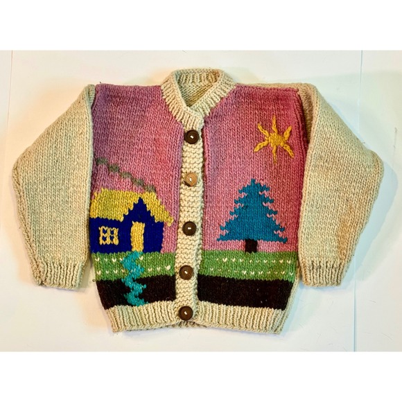 Vintage Kids Hand Knit Cardigan Pink House Tree Star Button Up Sweater - Picture 1 of 12